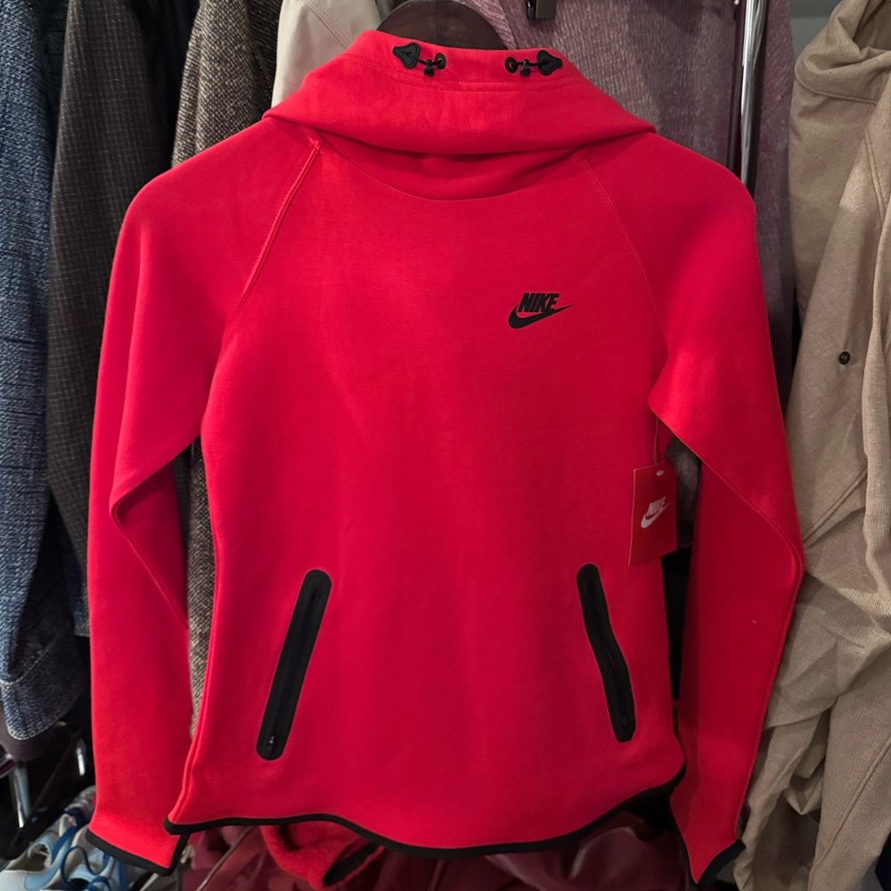 Nike Women's Red Hoodie with Black Logo Detail